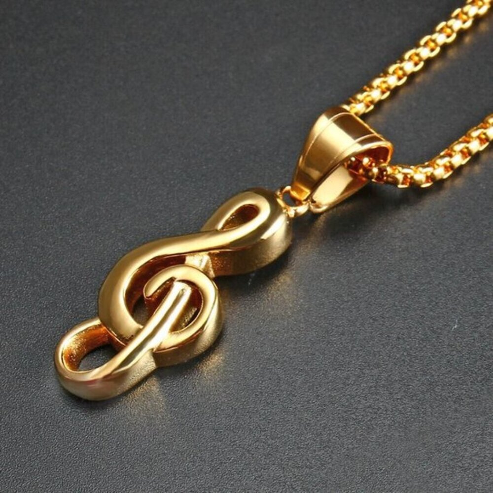 Gold Music Note G Treble Clef Pendant Necklace with‎ Chain 24" Mens Womens